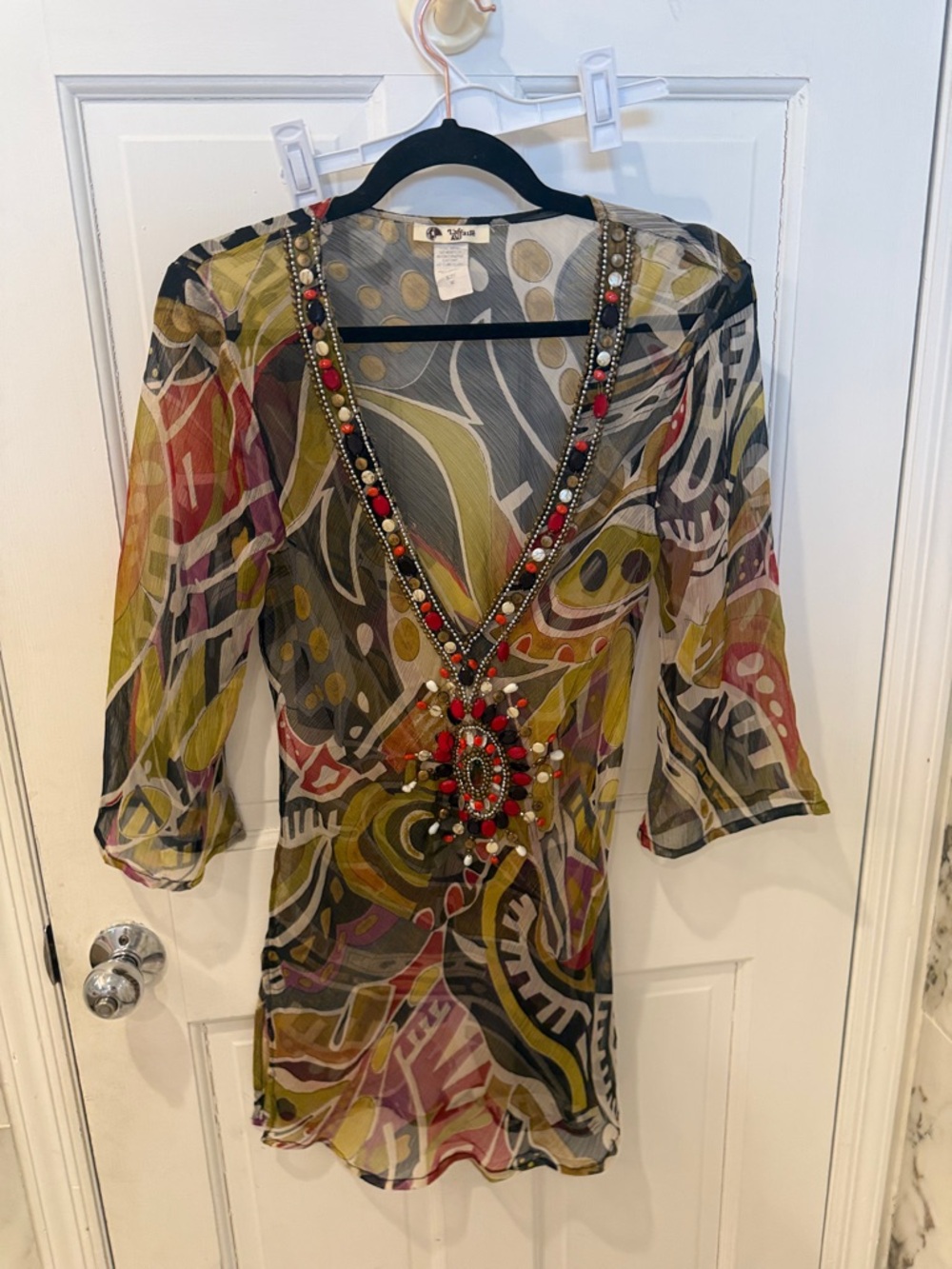 Women’s vintage beach coverup Beaded V-Neck Floral Print